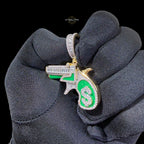 14K Gold Plated Iced Out Money Gun Pendant | Green Enamel CZ Diamond Hip Hop Necklace | Free 22" Stainless Rope Chain