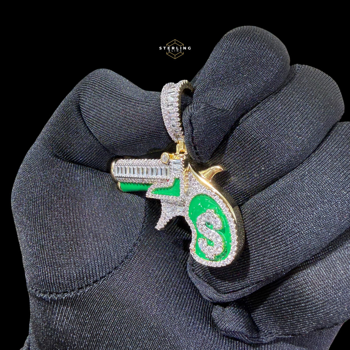 14K Gold Plated Iced Out Money Gun Pendant | Green Enamel CZ Diamond Hip Hop Necklace | Free 22" Stainless Rope Chain