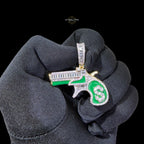 14K Gold Plated Iced Out Money Gun Pendant | Green Enamel CZ Diamond Hip Hop Necklace | Free 22" Stainless Rope Chain