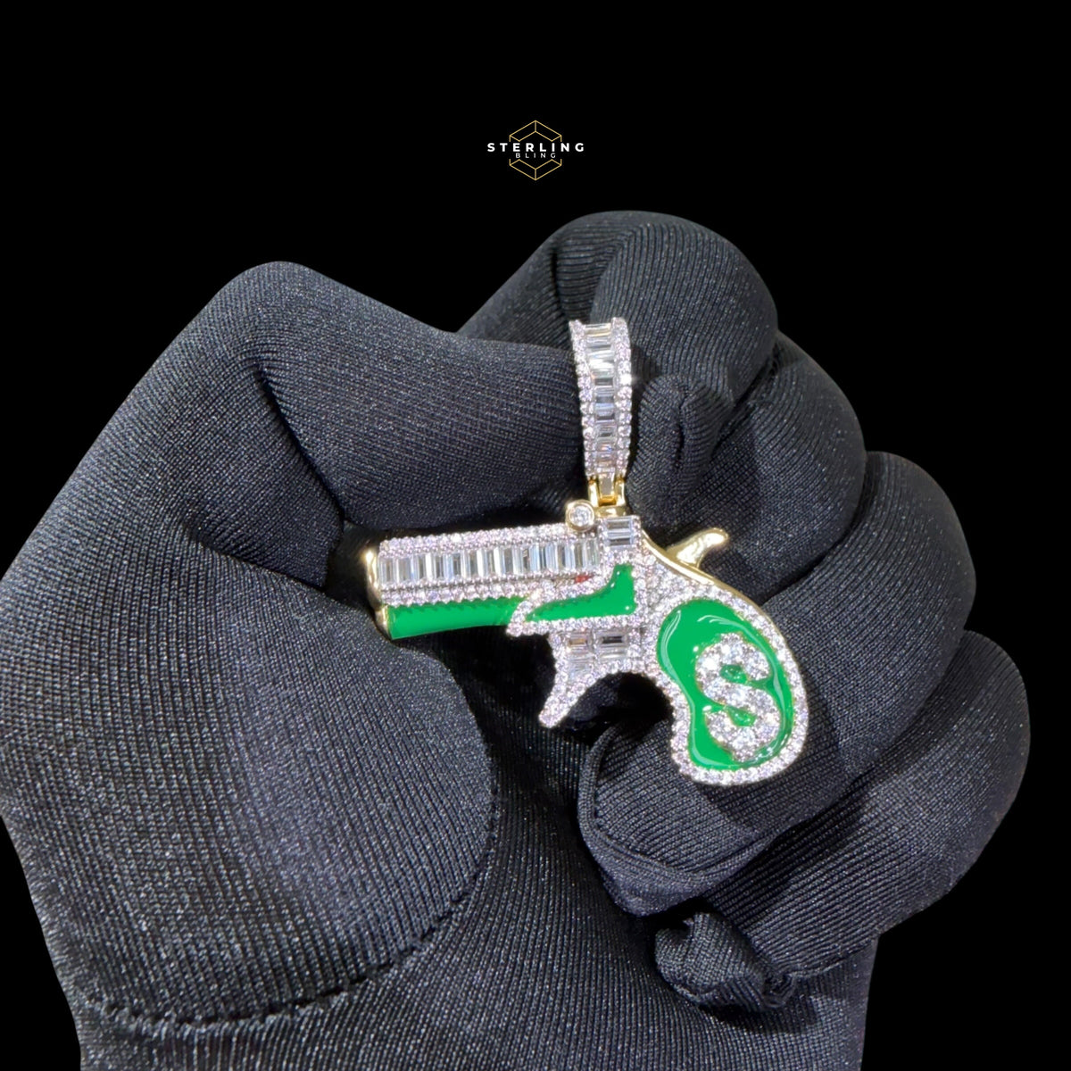 14K Gold Plated Iced Out Money Gun Pendant | Green Enamel CZ Diamond Hip Hop Necklace | Free 22" Stainless Rope Chain