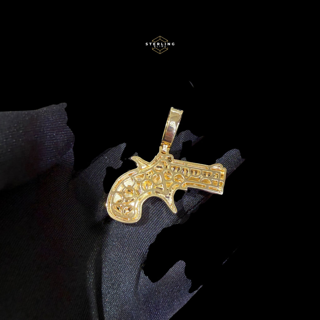14K Gold Plated Iced Out Money Gun Pendant | Green Enamel CZ Diamond Hip Hop Necklace | Free 22" Stainless Rope Chain
