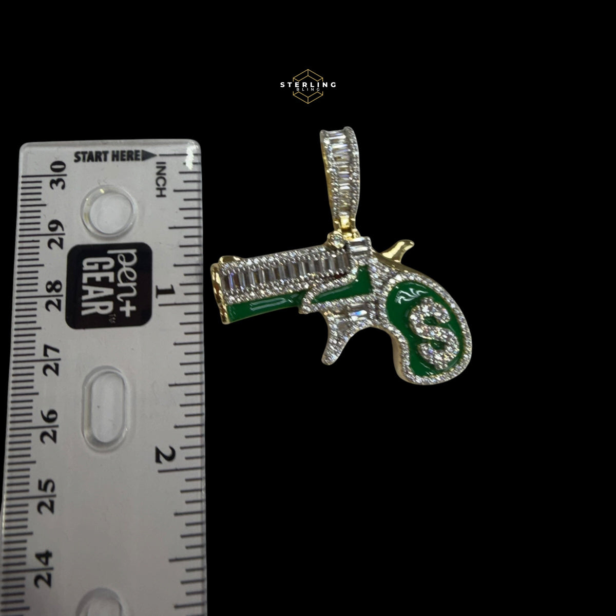 14K Gold Plated Iced Out Money Gun Pendant | Green Enamel CZ Diamond Hip Hop Necklace | Free 22" Stainless Rope Chain