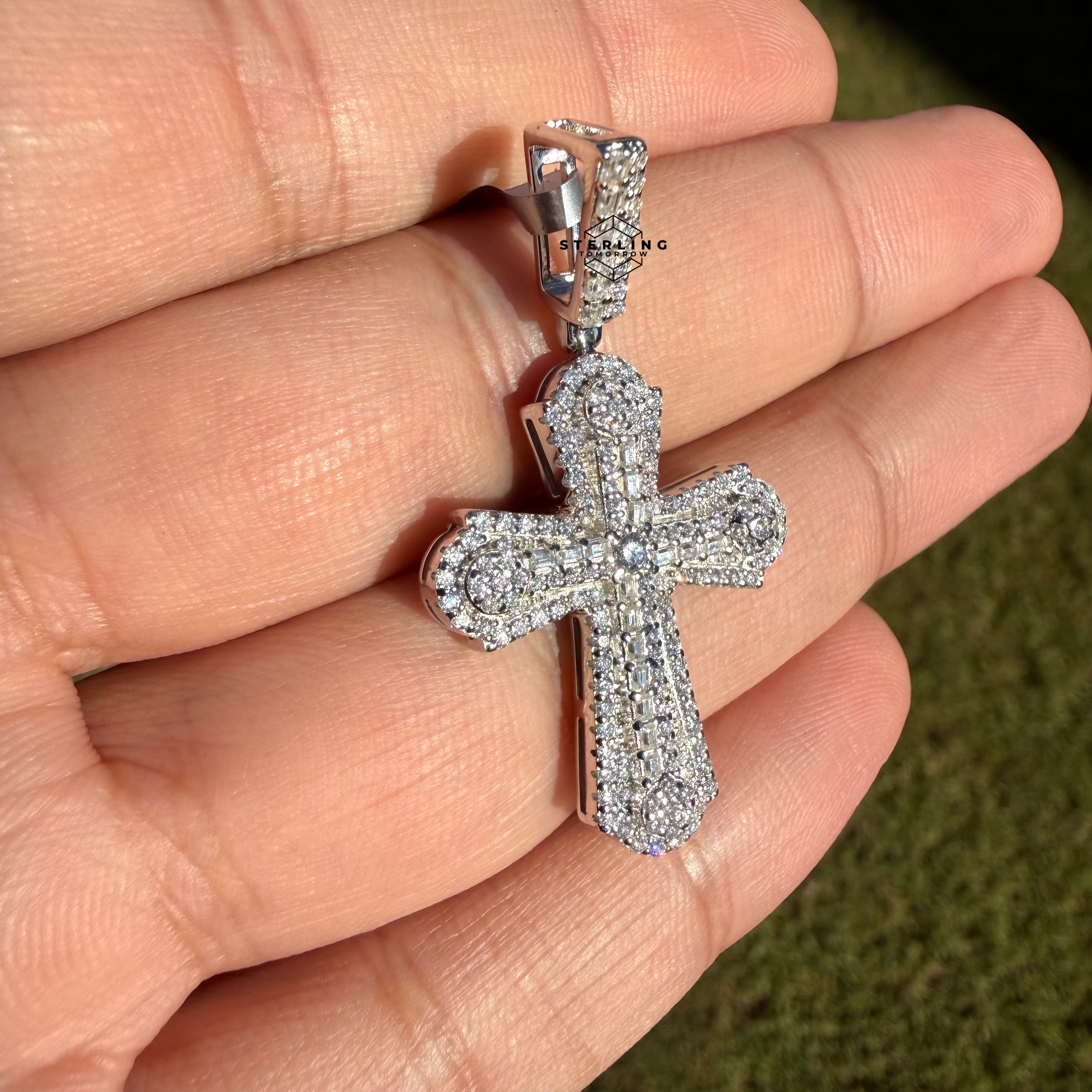 Moissanite VVS Iced Cross Pendant 925 Silver Free Steel Rope Chain Gift Men