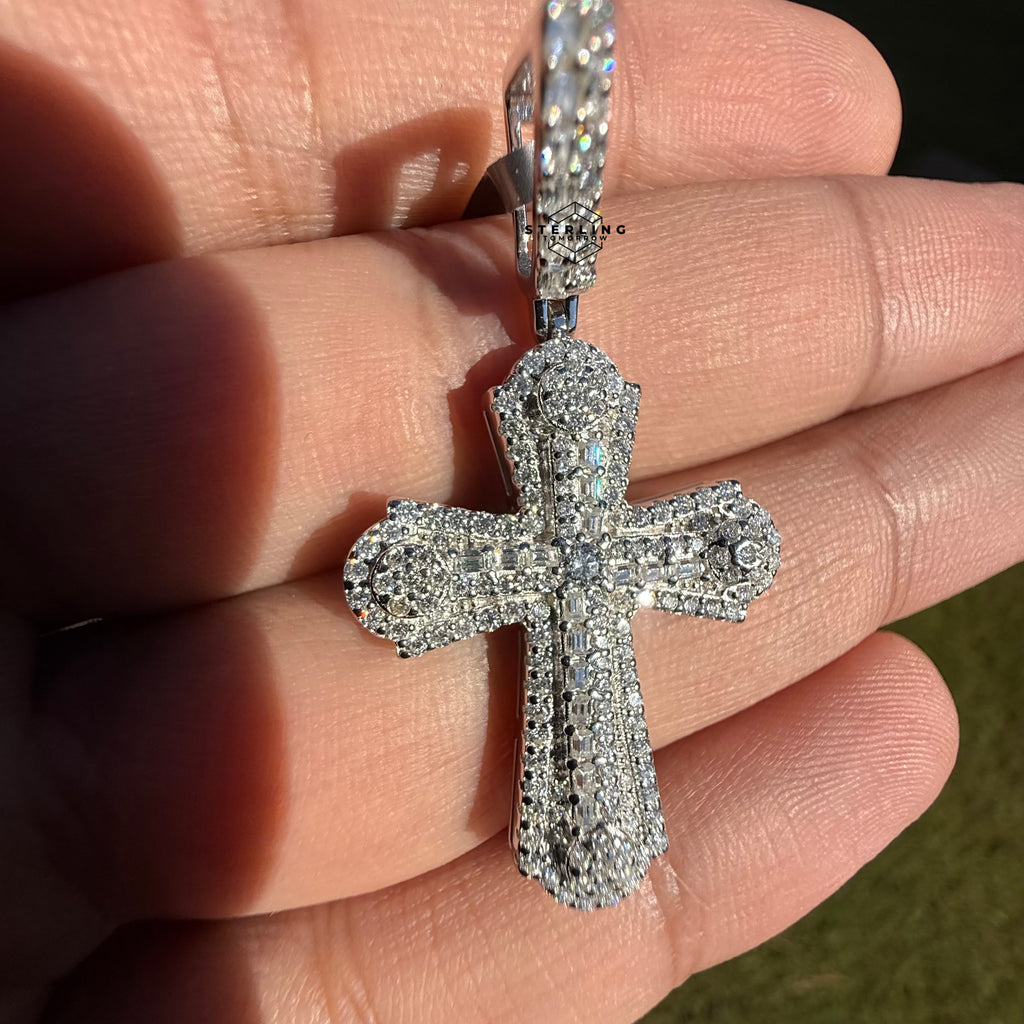 Moissanite VVS Iced Cross Pendant 925 Silver Free Steel Rope Chain Gift Men