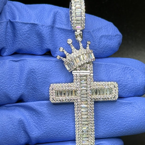 Cross with Crown Silver Iced Out Pendant