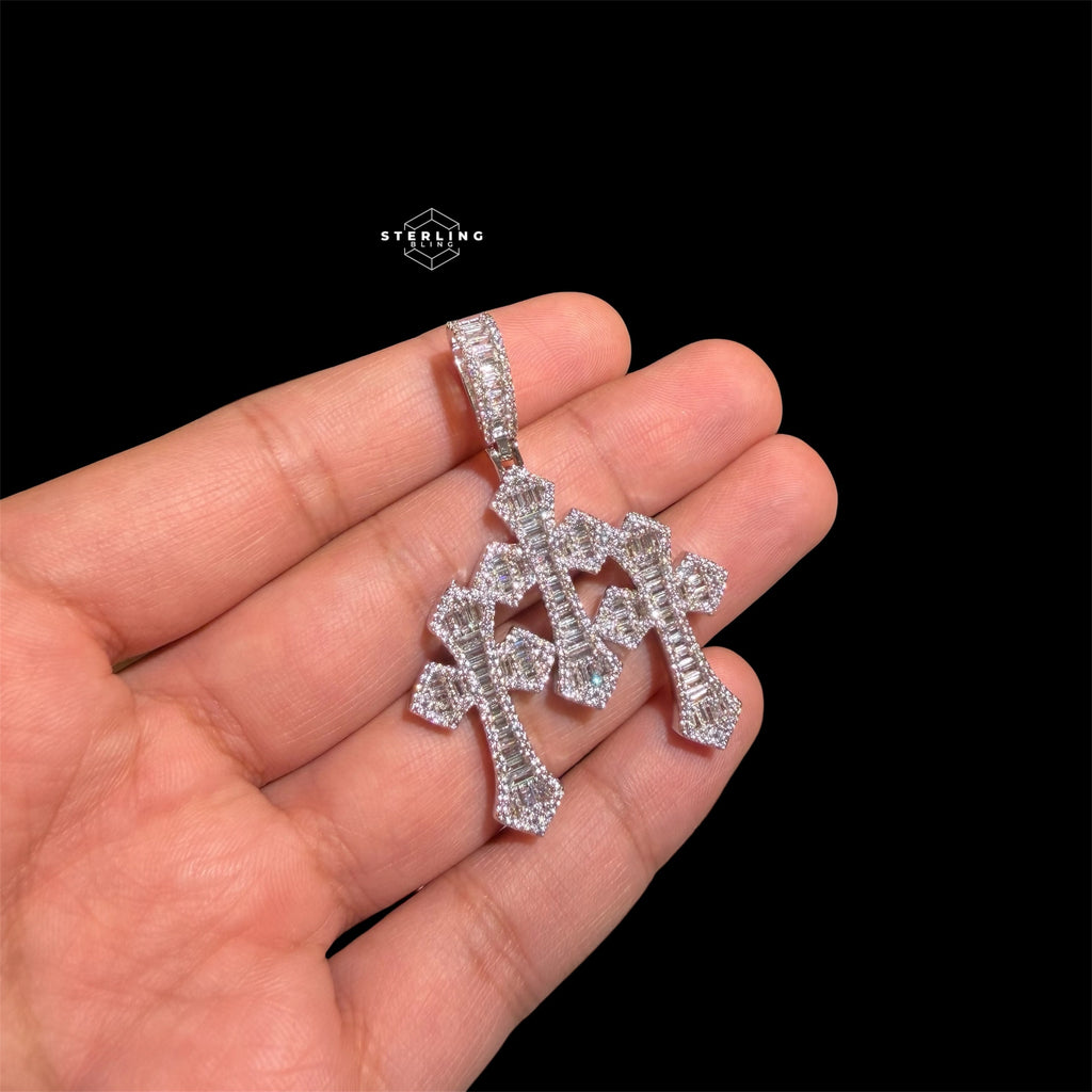 Triple Cross Baguette 14k White Plated Iced CZ Pendant
