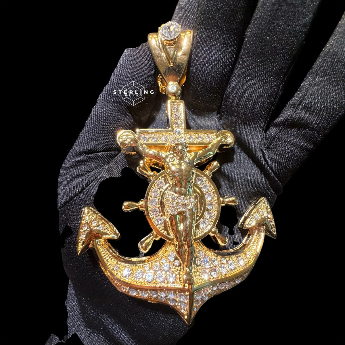 XL Gold Iced Out Jesus Anchor Pendant