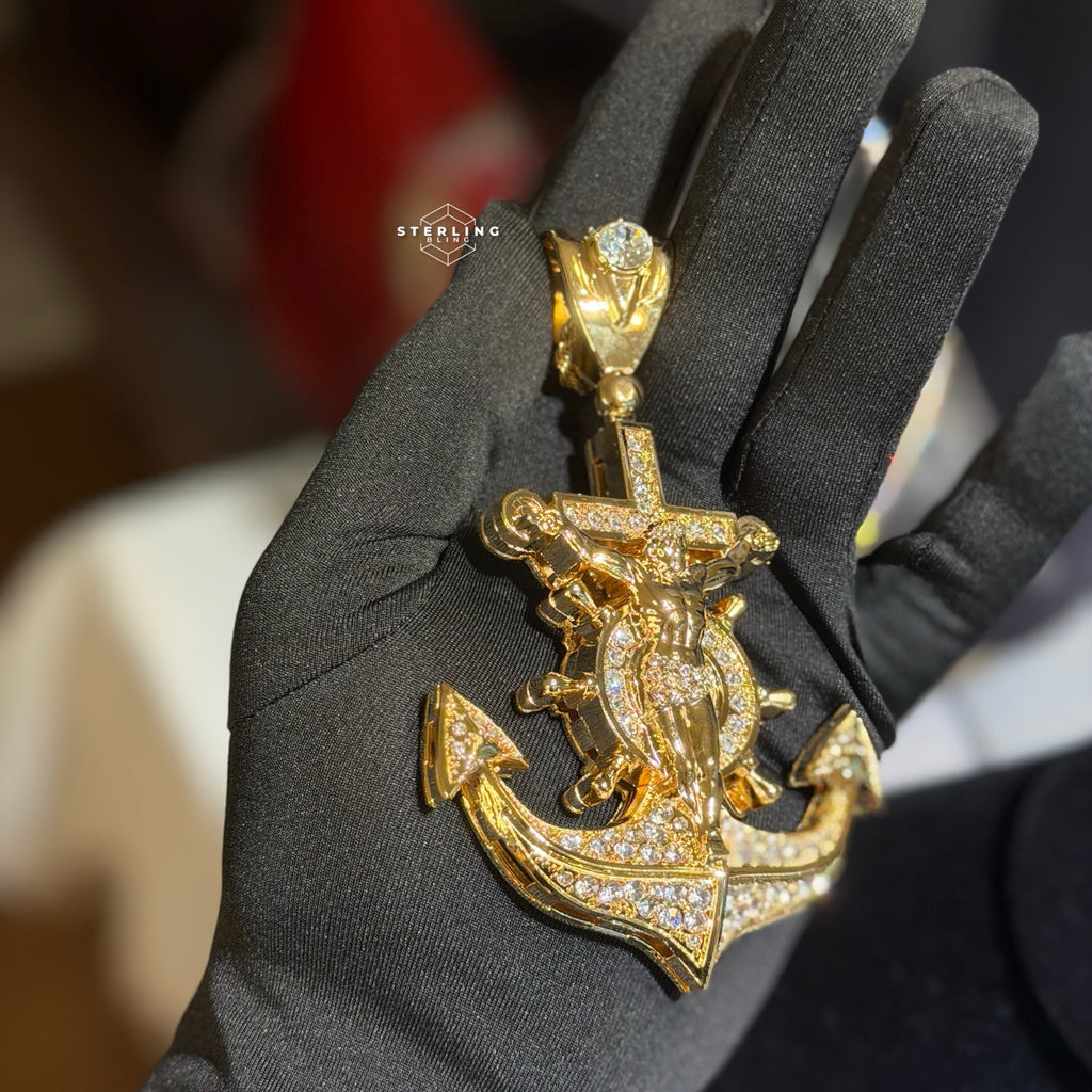 XL Gold Iced Out Jesus Anchor Pendant