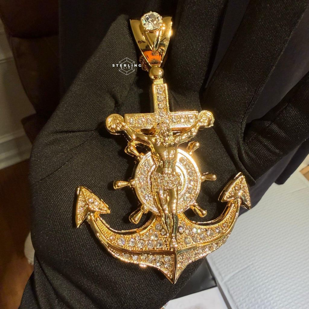 XL Gold Iced Out Jesus Anchor Pendant