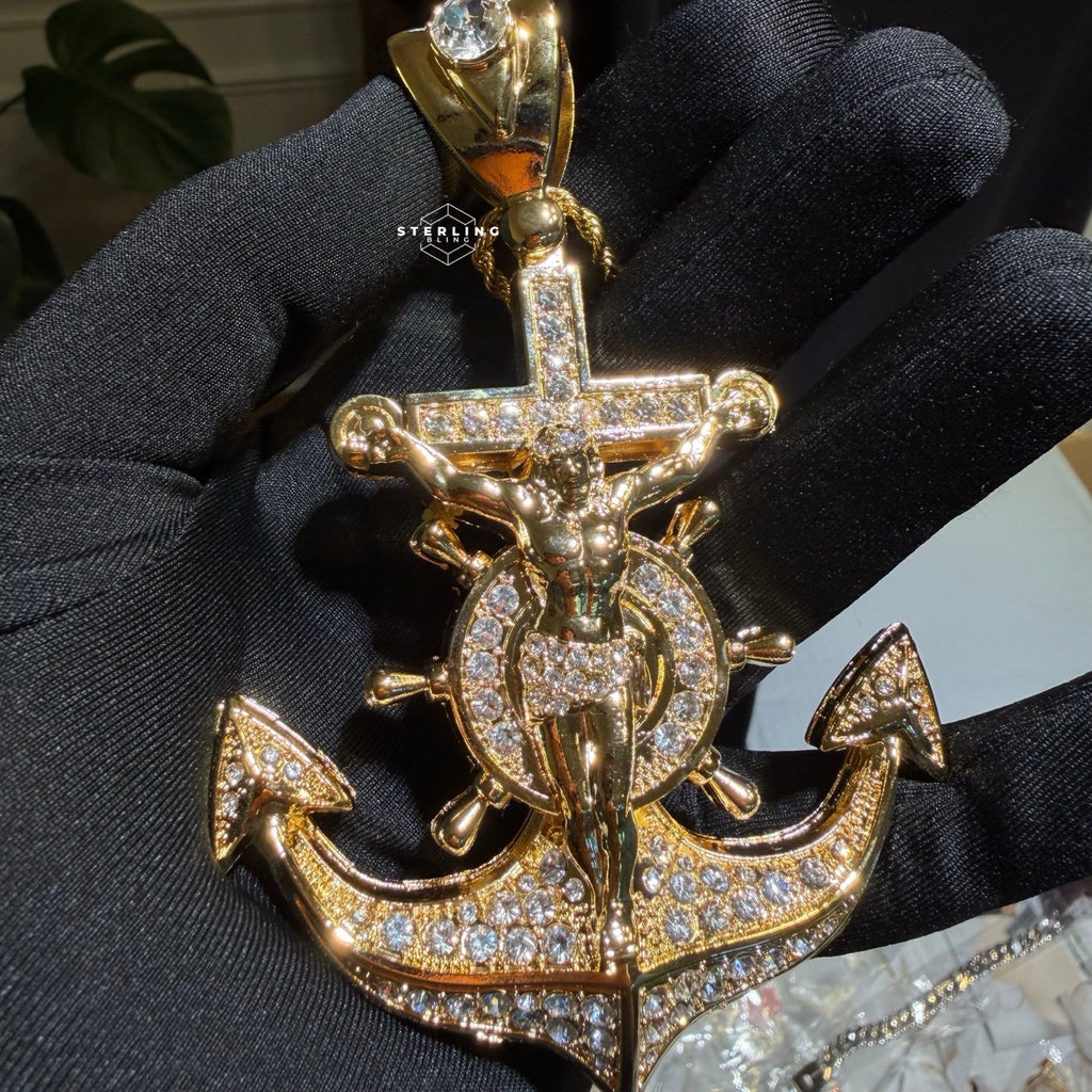 XL Gold Iced Out Jesus Anchor Pendant
