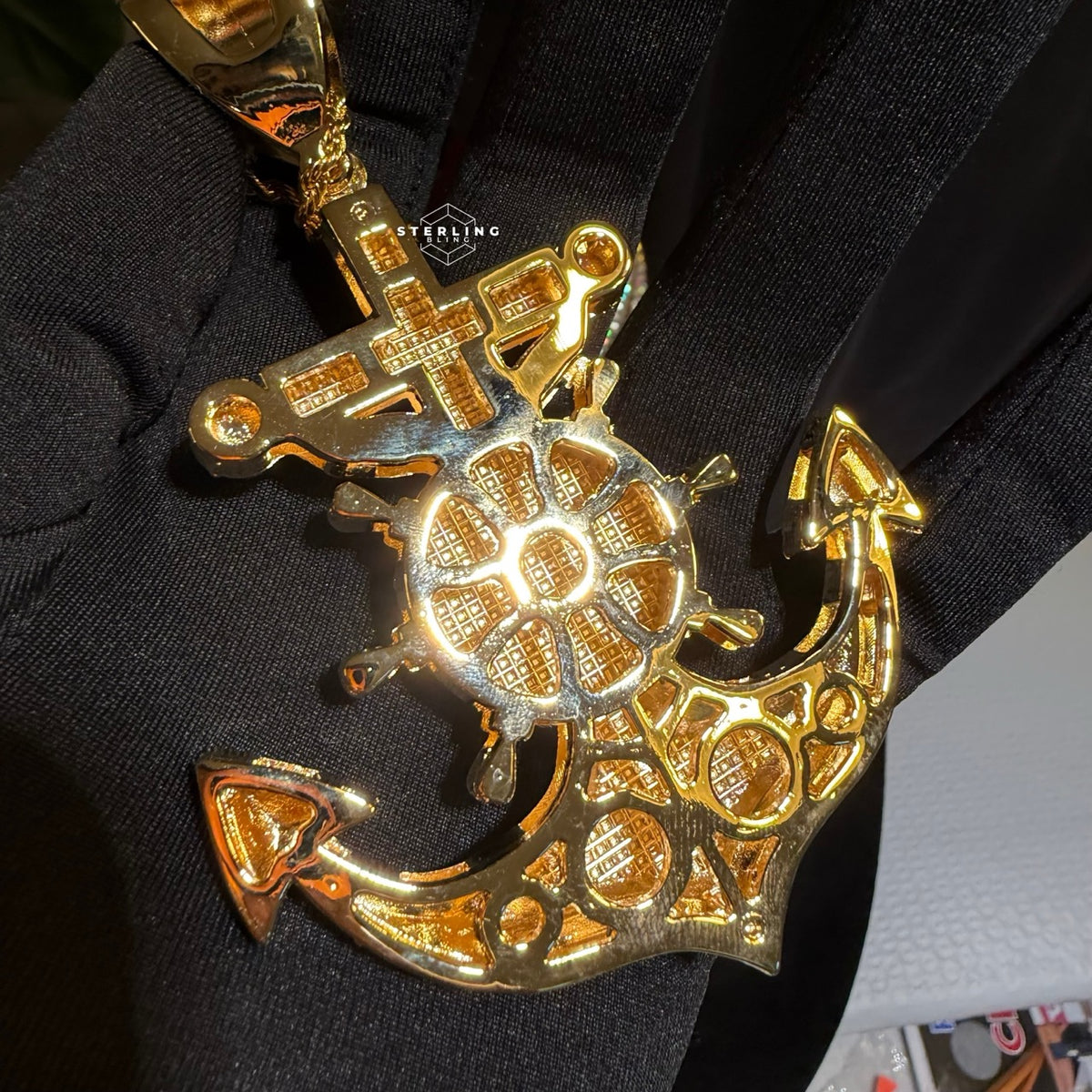XL Gold Iced Out Jesus Anchor Pendant