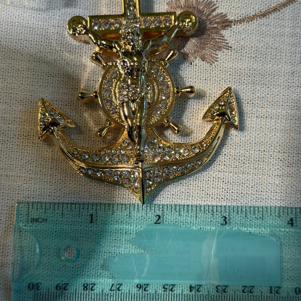 XL Gold Iced Out Jesus Anchor Pendant