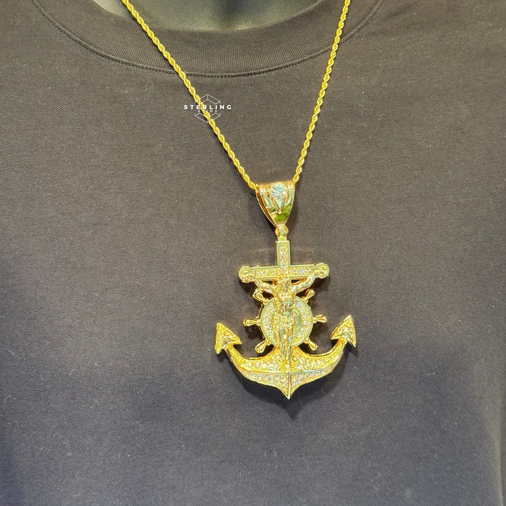 XL Gold Iced Out Jesus Anchor Pendant