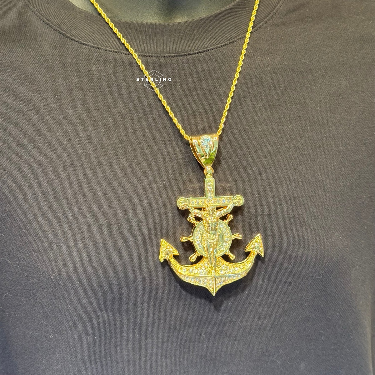 XL Gold Iced Out Jesus Anchor Pendant