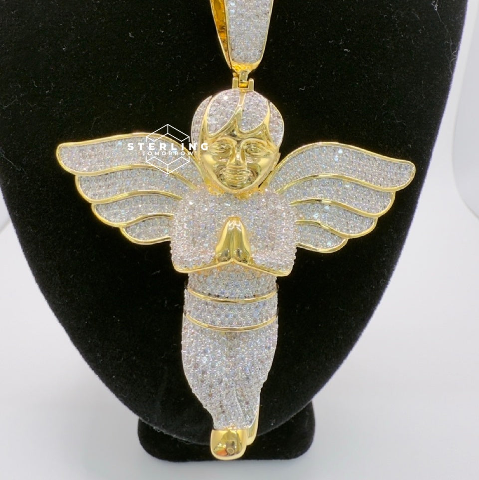 Gold Tone Large Iced Out Angel Pendant