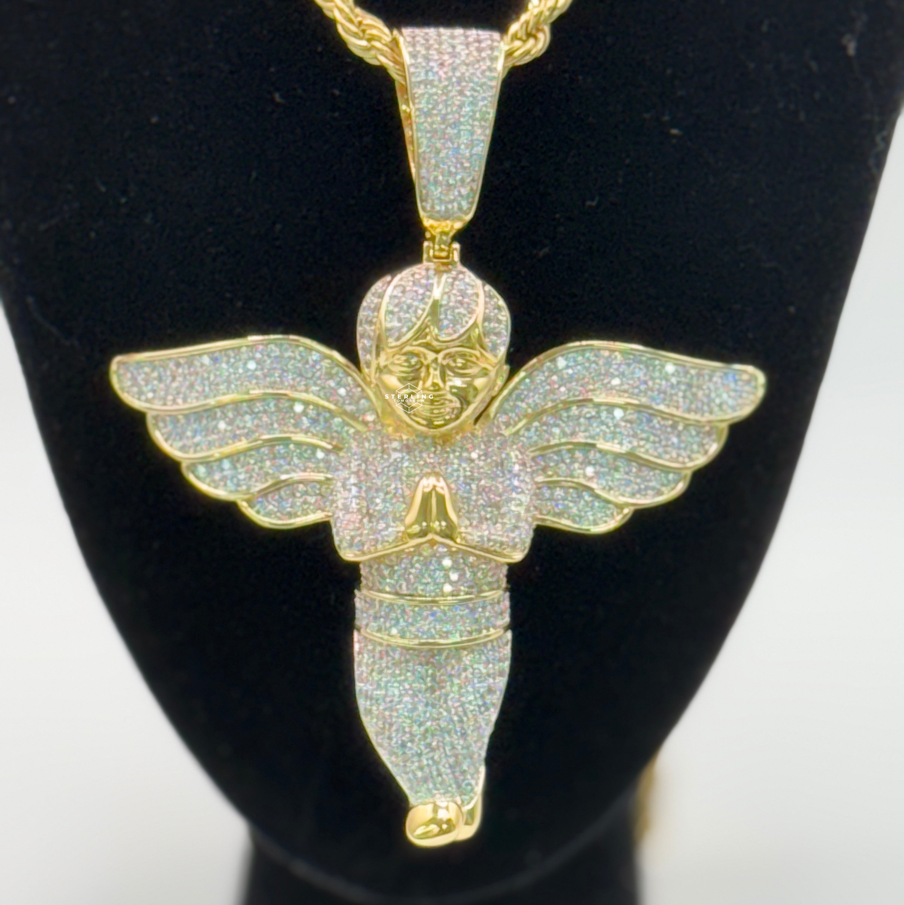 Gold Tone Large Iced Out Angel Pendant