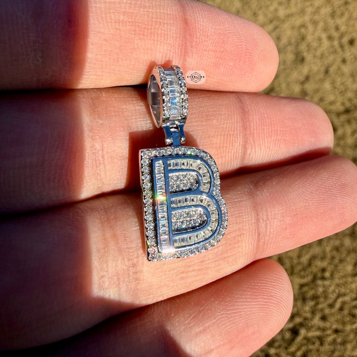 Moissanite Baguette Initial Pendants 925 Sterling Silver