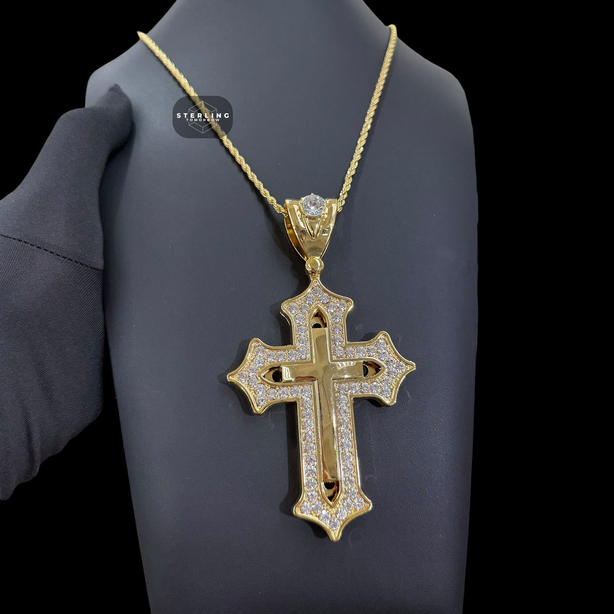 Big Gold Iced Out Cross Pendant, 14K Gold Plated CZ Diamond Christian Necklace, Religious Hip Hop Jewelry with Rope Chain