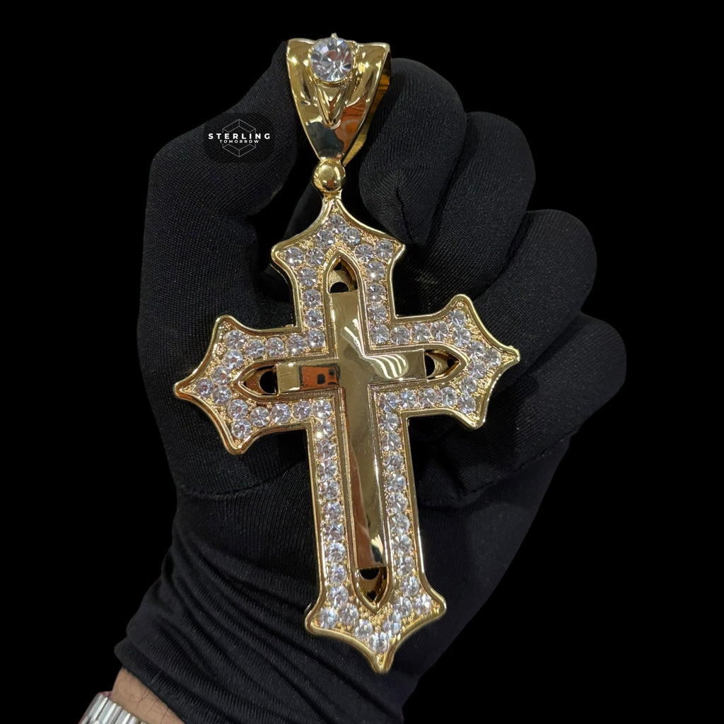 Big Gold Iced Out Cross Pendant, 14K Gold Plated CZ Diamond Christian Necklace, Religious Hip Hop Jewelry with Rope Chain