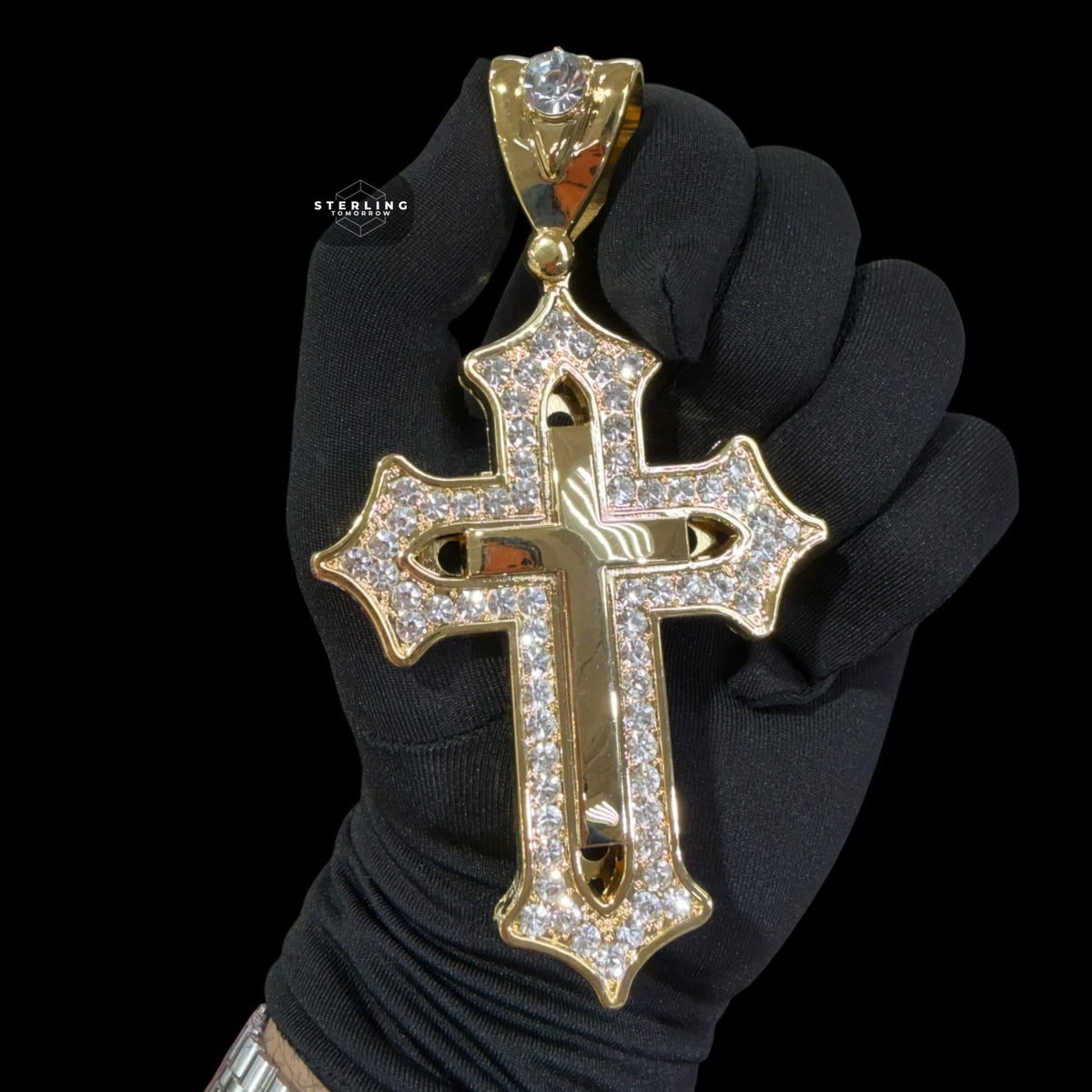 Big Gold Iced Out Cross Pendant, 14K Gold Plated CZ Diamond Christian Necklace, Religious Hip Hop Jewelry with Rope Chain