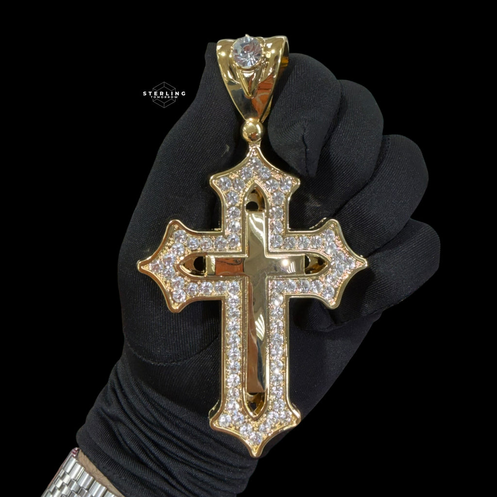 Big Gold Iced Out Cross Pendant, 14K Gold Plated CZ Diamond Christian Necklace, Religious Hip Hop Jewelry with Rope Chain