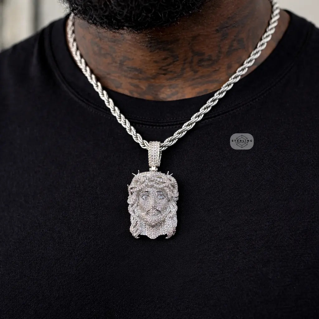 Iced Out Jesus Pendant Crown of Thorns Necklace 14k Gold Plated Religious Mens Christian Bling Chain + Free Steel AntiTarnish Rope Chain