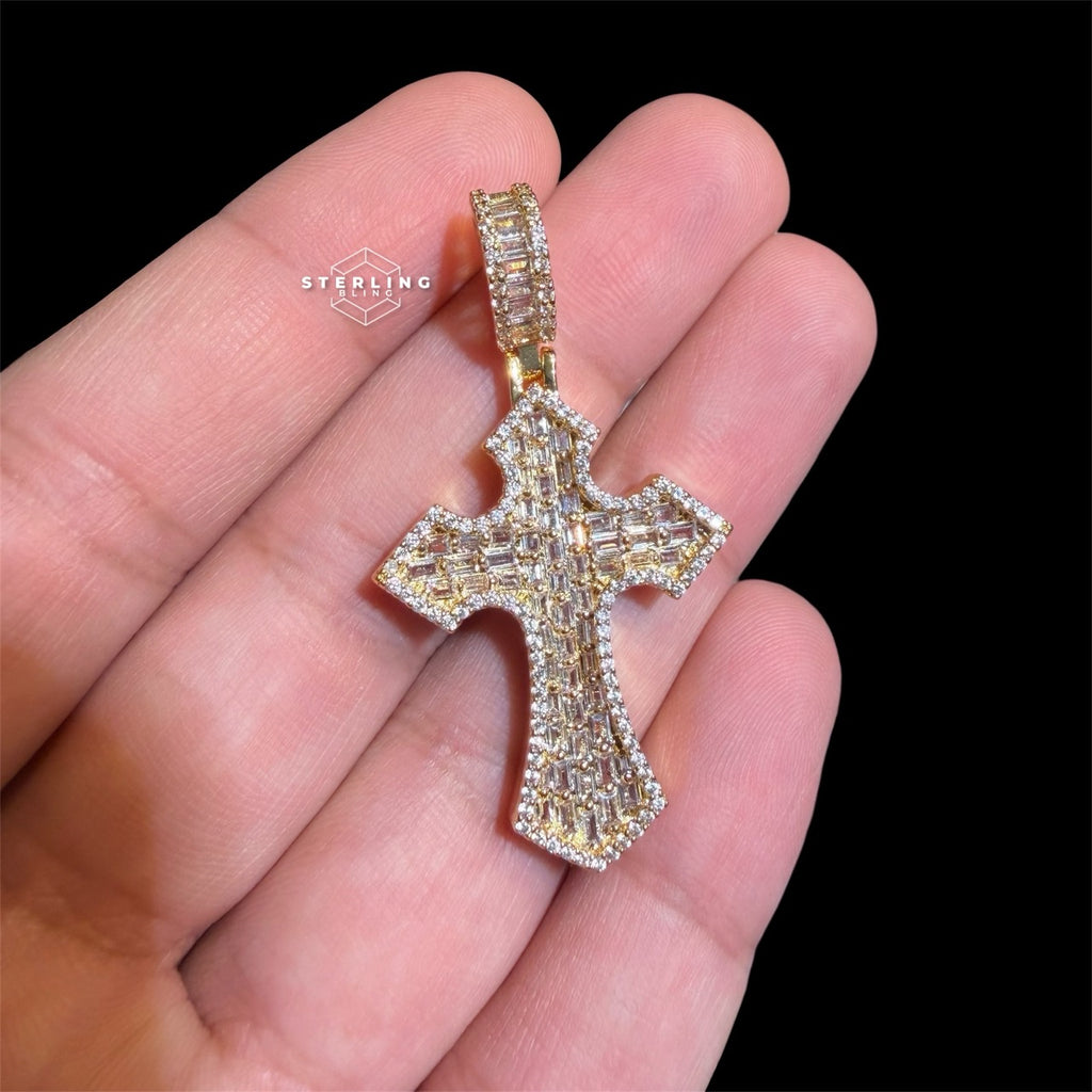 Iced Out Baguette Cross Pendant + Rope Chain