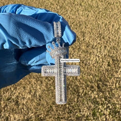 Cross with Crown Silver Iced Out Pendant