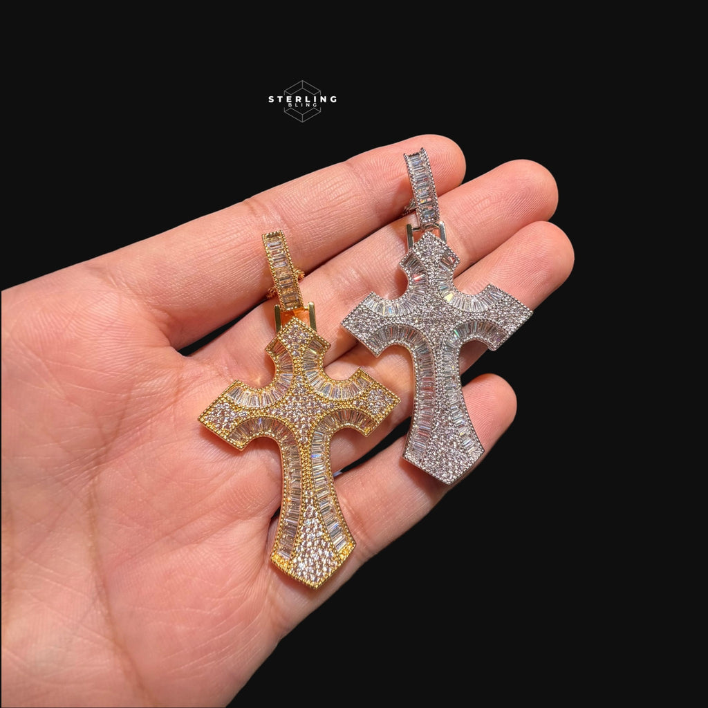 Baguette Cross Iced Out Pendant 14k Gold Plated CZ