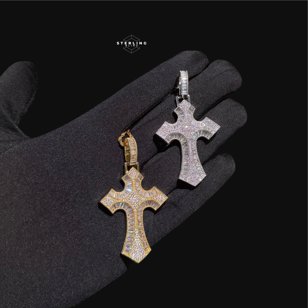 Baguette Cross Iced Out Pendant 14k Gold Plated CZ