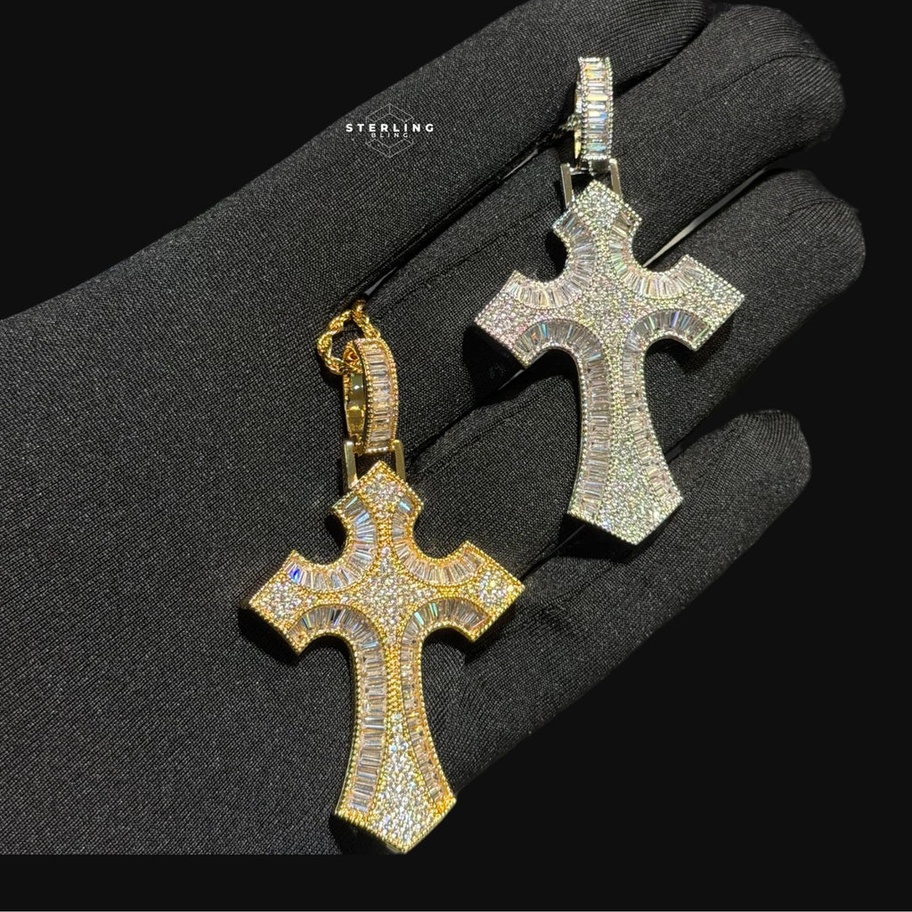 Baguette Cross Iced Out Pendant 14k Gold Plated CZ