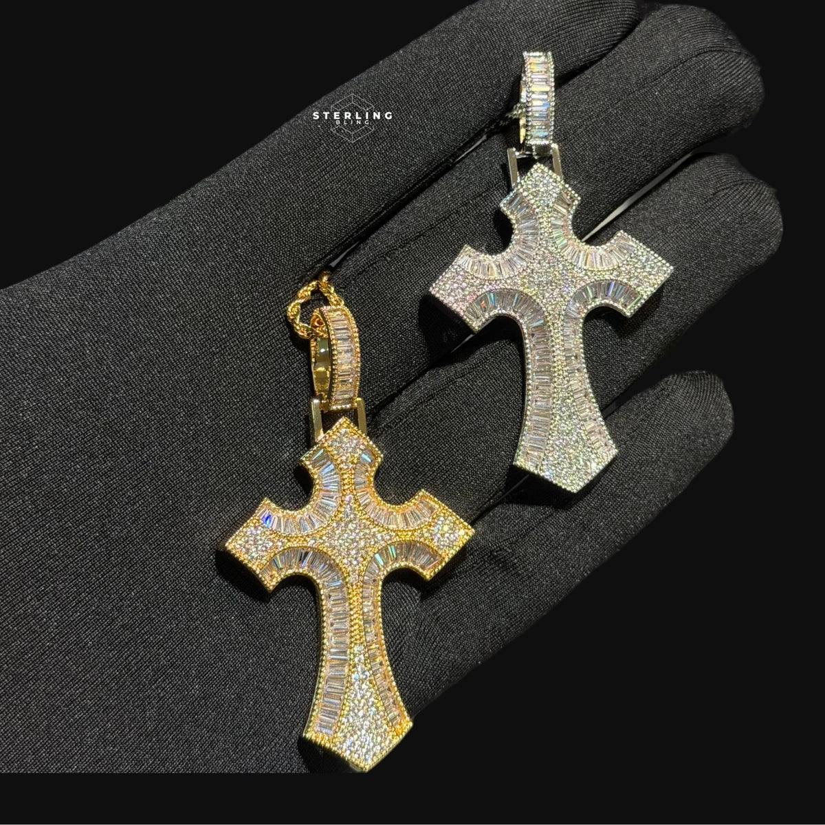 Baguette Cross Iced Out Pendant 14k Gold Plated CZ