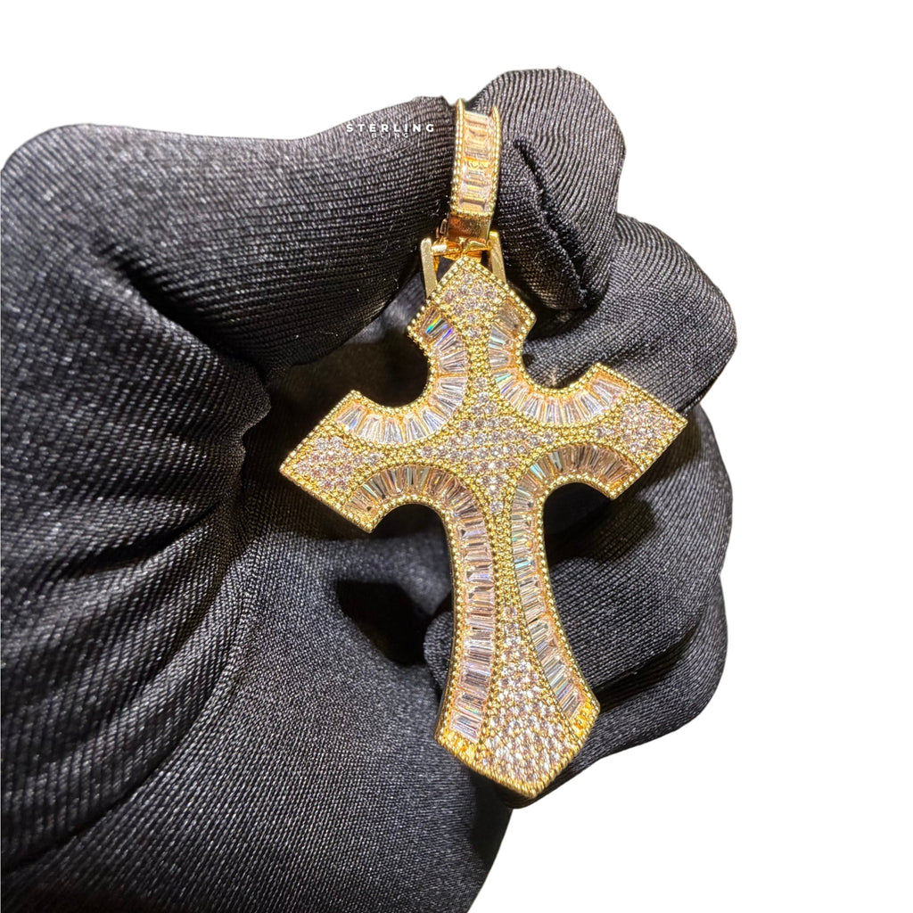 Baguette Cross Iced Out Pendant 14k Gold Plated CZ