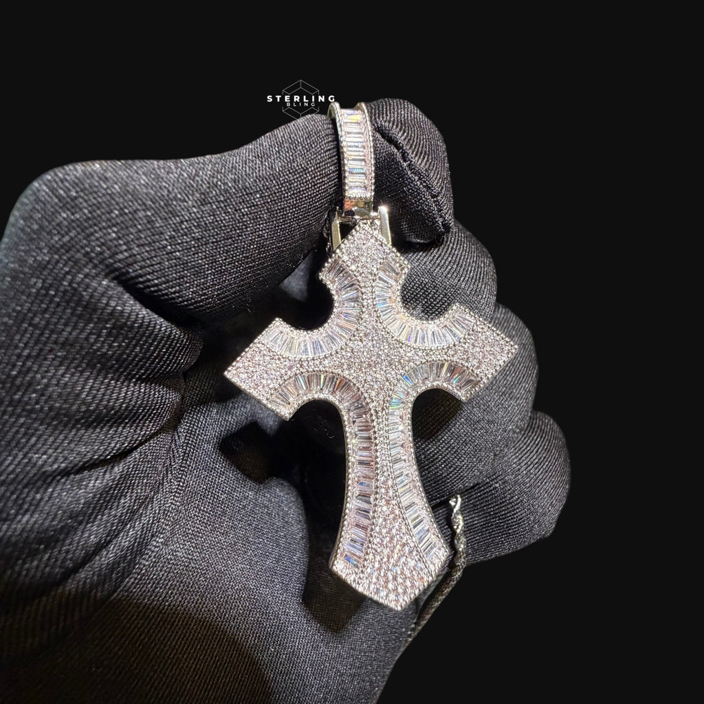 Baguette Cross Iced Out Pendant 14k Gold Plated CZ