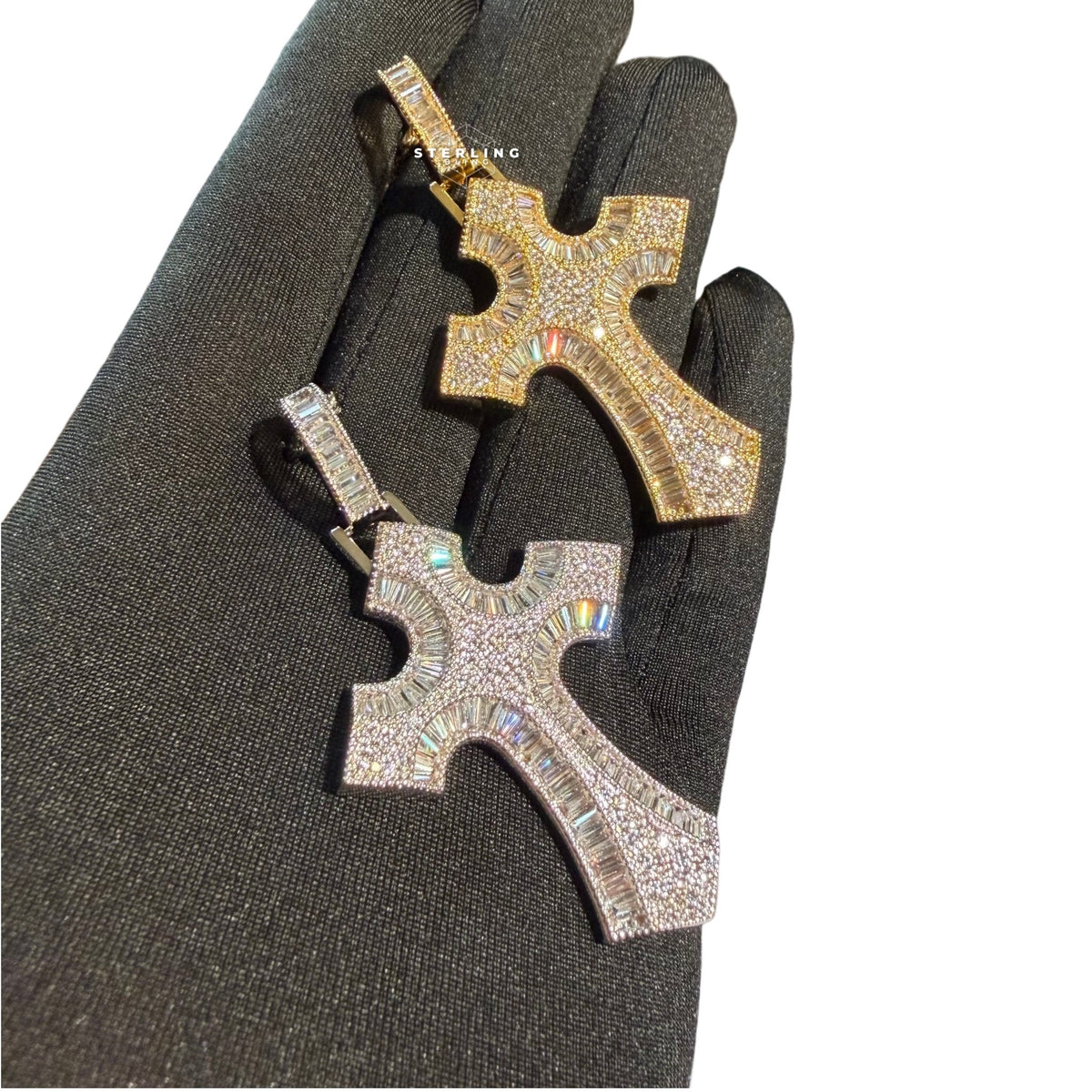Baguette Cross Iced Out Pendant 14k Gold Plated CZ