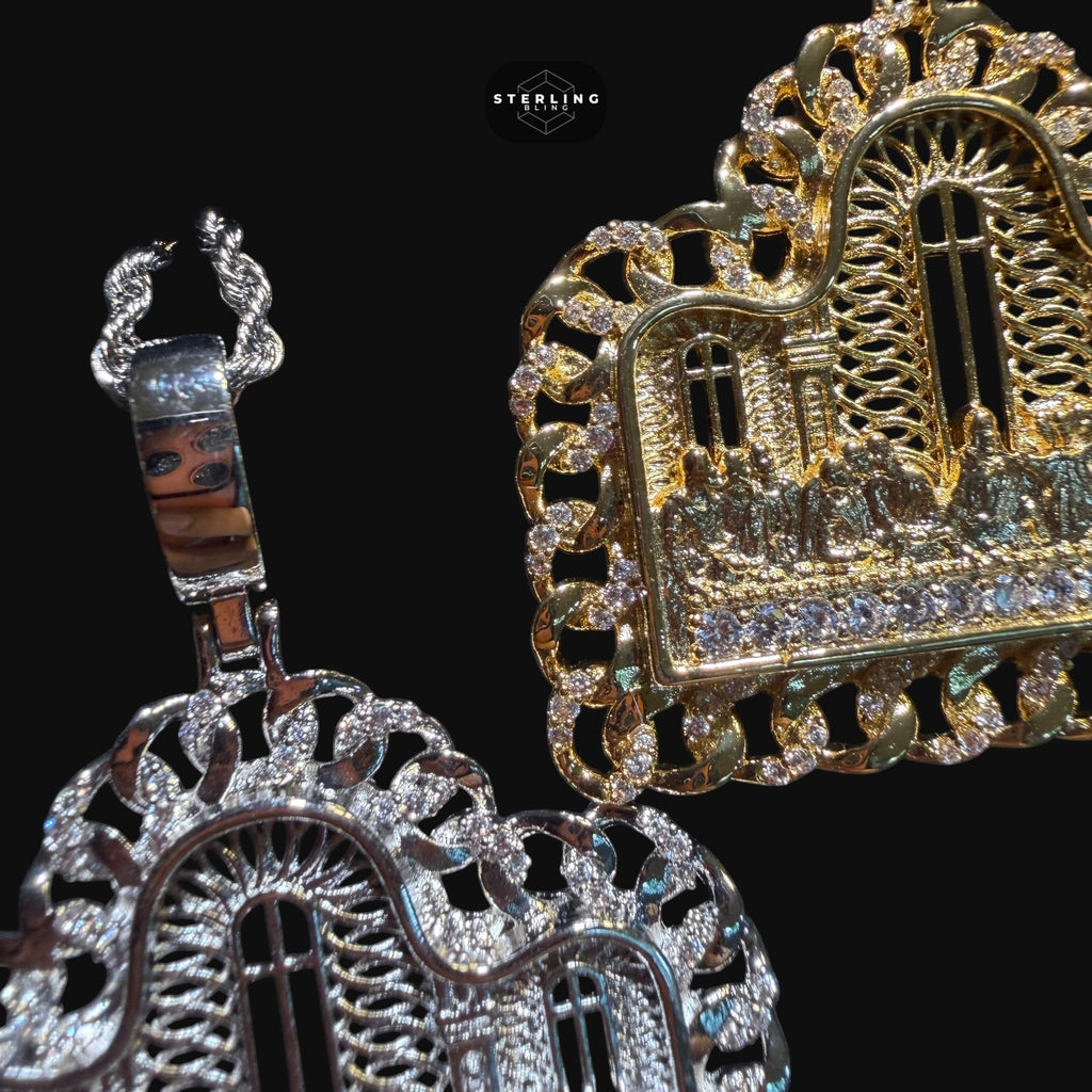 Cuban Link Style Iced Out Last Supper Pendant Necklace Gold or Silver, CZ Diamond Jesus Religious Pendant, Christian Hip Hop Jewelry