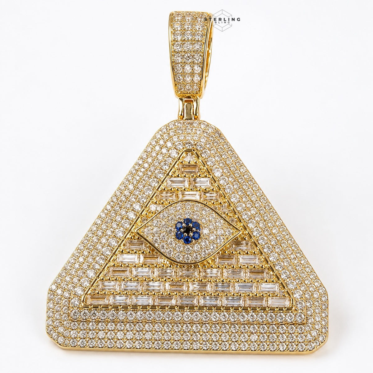 Evil Eye Pyramid Pendant Necklace | Iced Out CZ Triangle Pendant | 14K Gold Plated Hip Hop Jewelry | Protection Jewelry Gift