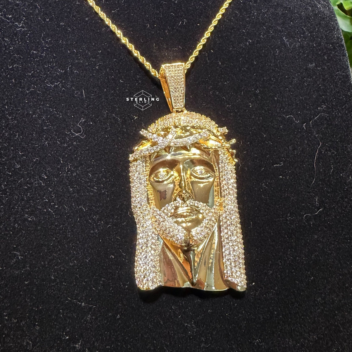 Large Iced Out Jesus Pendant 14k Gold Plated + Steel Rope Chain