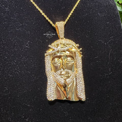 Large Iced Out Jesus Pendant 14k Gold Plated + Steel Rope Chain