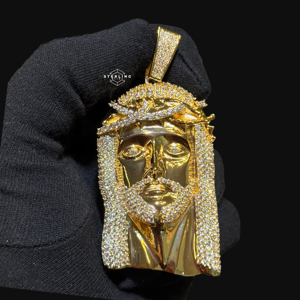 Gold Iced Out Jesus Pendant, Triple Layer 14K Gold Plated CZ Diamond Jesus Necklace for Men