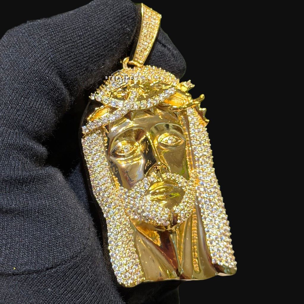 Gold Iced Out Jesus Pendant, Triple Layer 14K Gold Plated CZ Diamond Jesus Necklace for Men