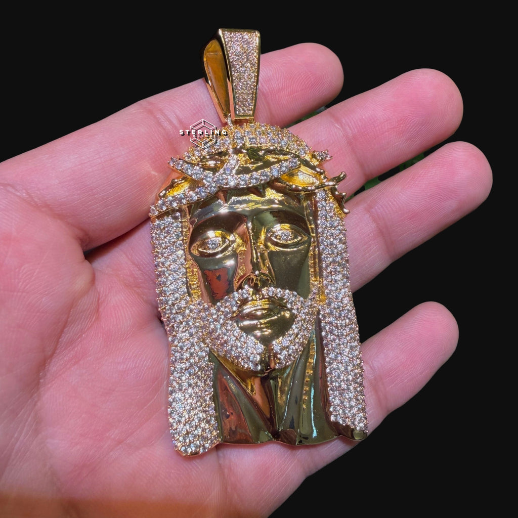 Gold Iced Out Jesus Pendant, Triple Layer 14K Gold Plated CZ Diamond Jesus Necklace for Men