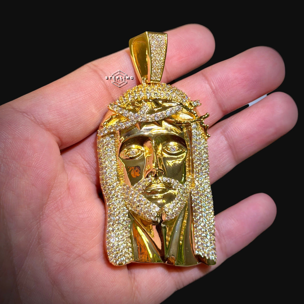 Gold Iced Out Jesus Pendant, Triple Layer 14K Gold Plated CZ Diamond Jesus Necklace for Men