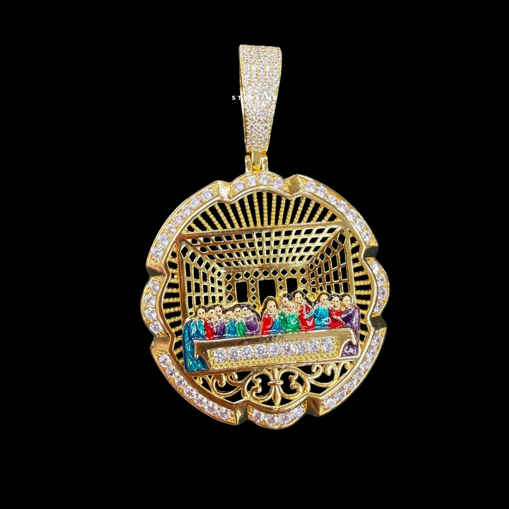 14K Gold Plated Iced Last Supper Enamel Pendant Necklace