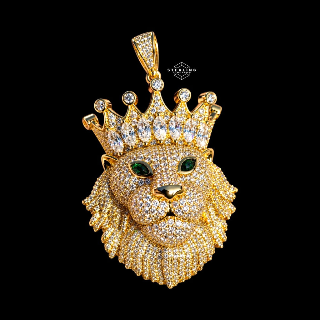 Gold Iced Out Lion Crown Pendant
