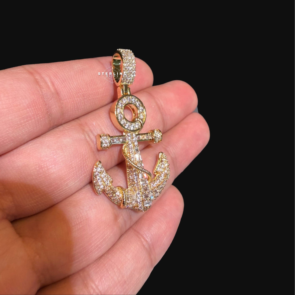 Gold Anchor Iced Out Pendant - 14k Gold Plated CZ
