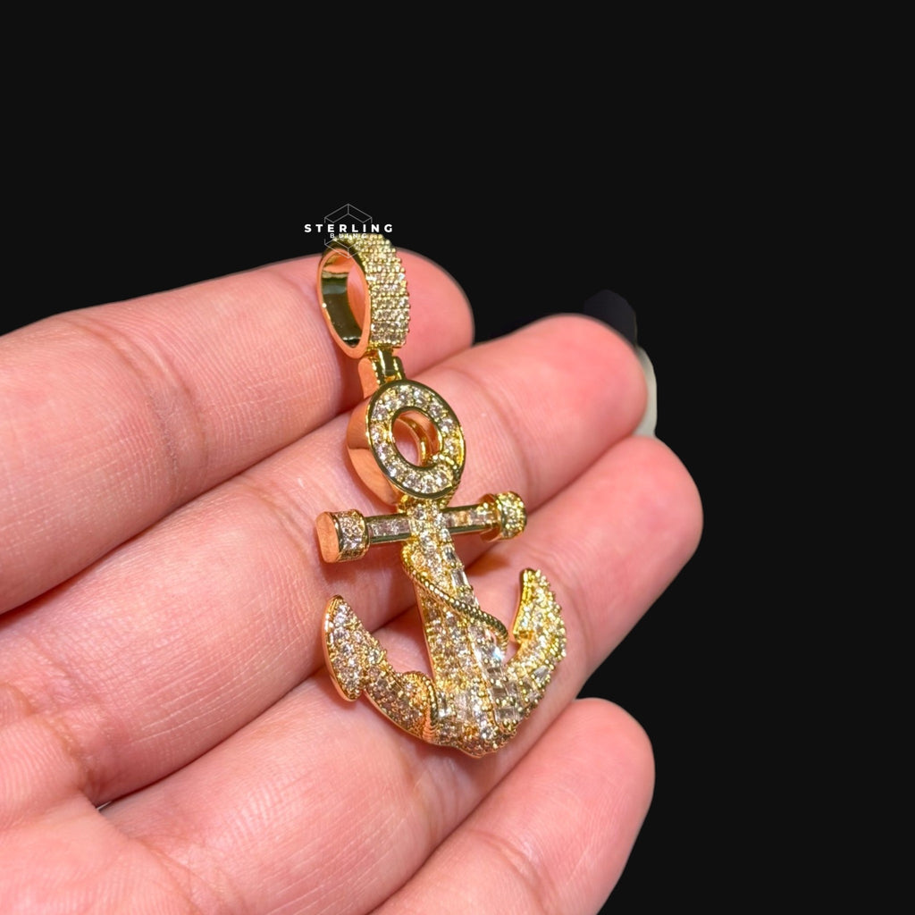 Gold Anchor Iced Out Pendant - 14k Gold Plated CZ