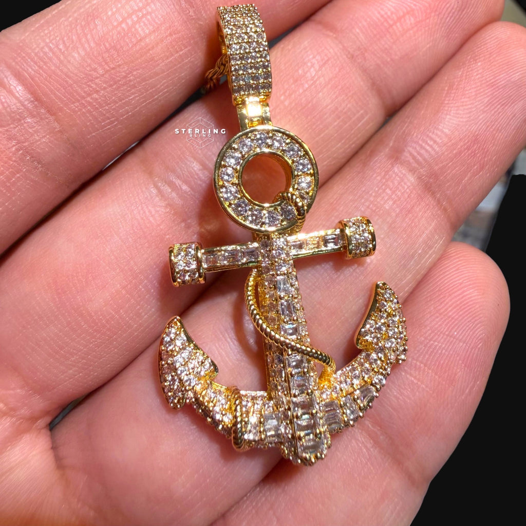 Gold Anchor Iced Out Pendant - 14k Gold Plated CZ