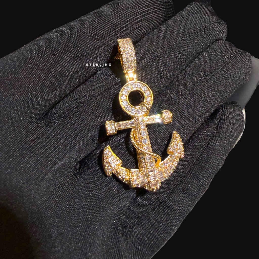 Gold Anchor Iced Out Pendant - 14k Gold Plated CZ