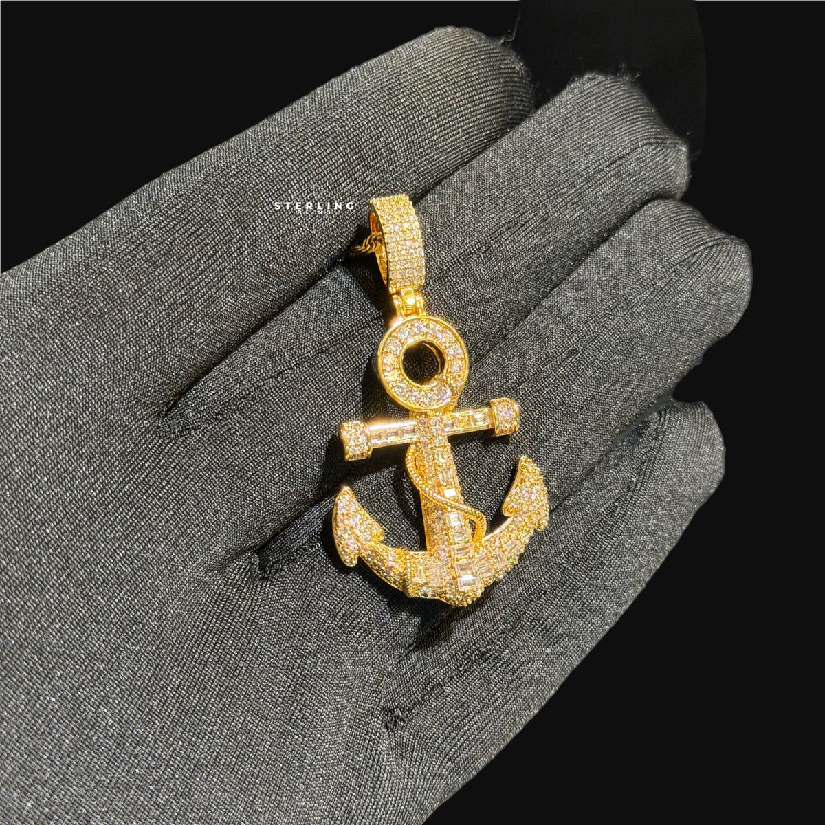 Gold Anchor Iced Out Pendant - 14k Gold Plated CZ
